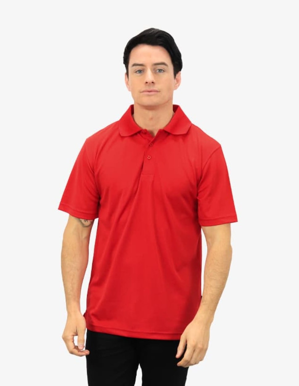 A red polo shirt worn by a model standing against a plain background. The shirt features a collar and has a logo.