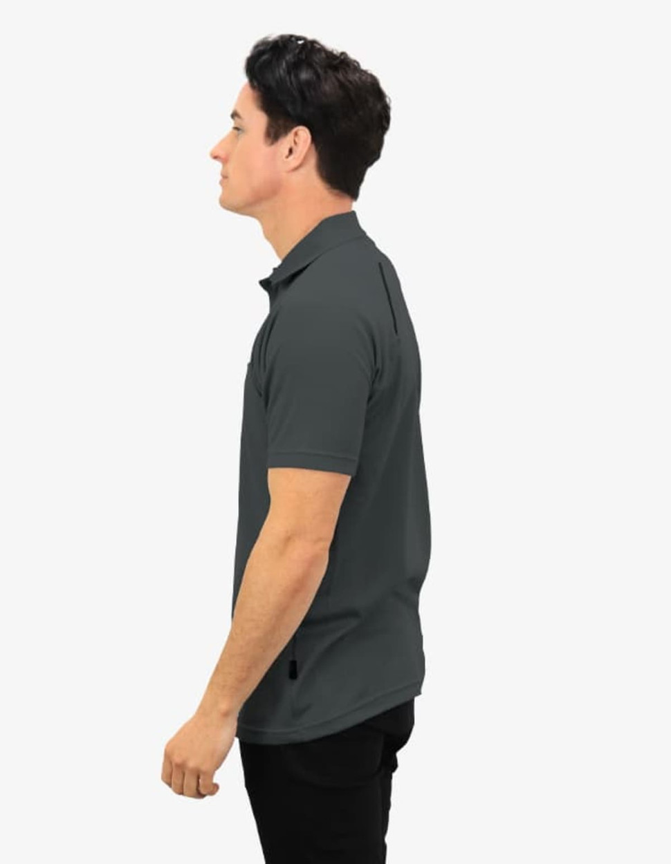 A grey polo shirt featuring a logo, displayed on a model from the side.