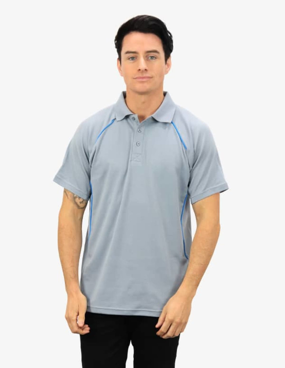 A grey polo shirt with blue accents, featuring a three-button placket and a logo.