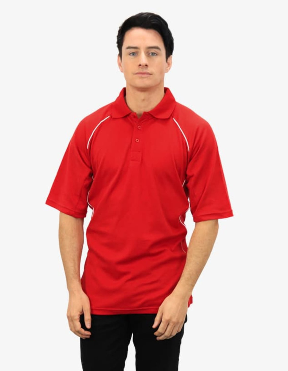A red polo shirt with short sleeves and white accent stripes. It features a collared neckline and has a logo.