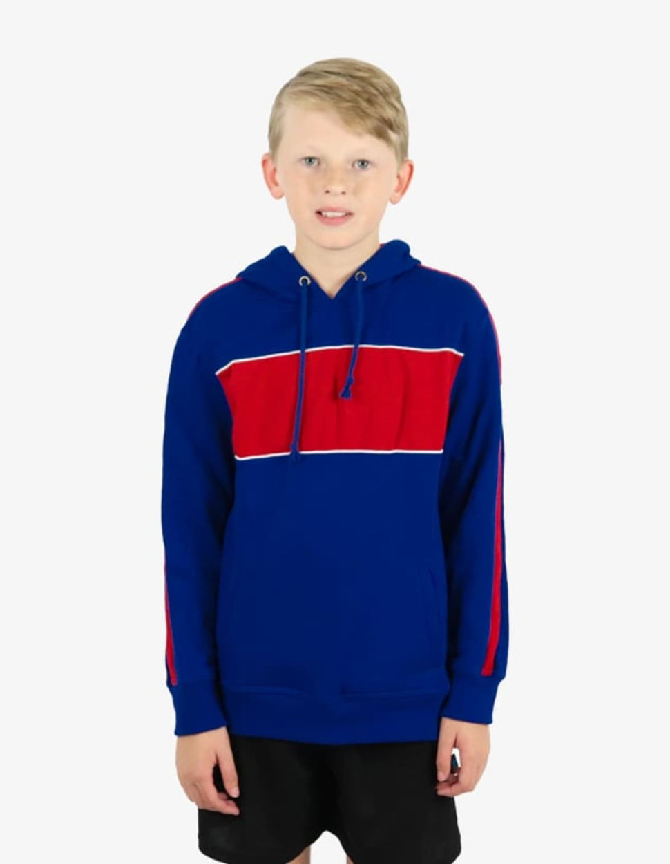 A blue and red hoodie with a front stripe, featuring a hood and drawstring, modelled by a child.