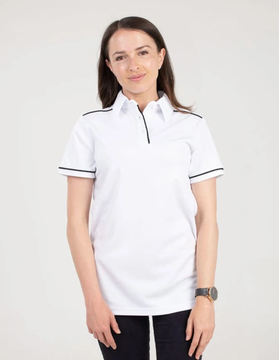A white polo shirt with black trim and a collar, featuring a logo.