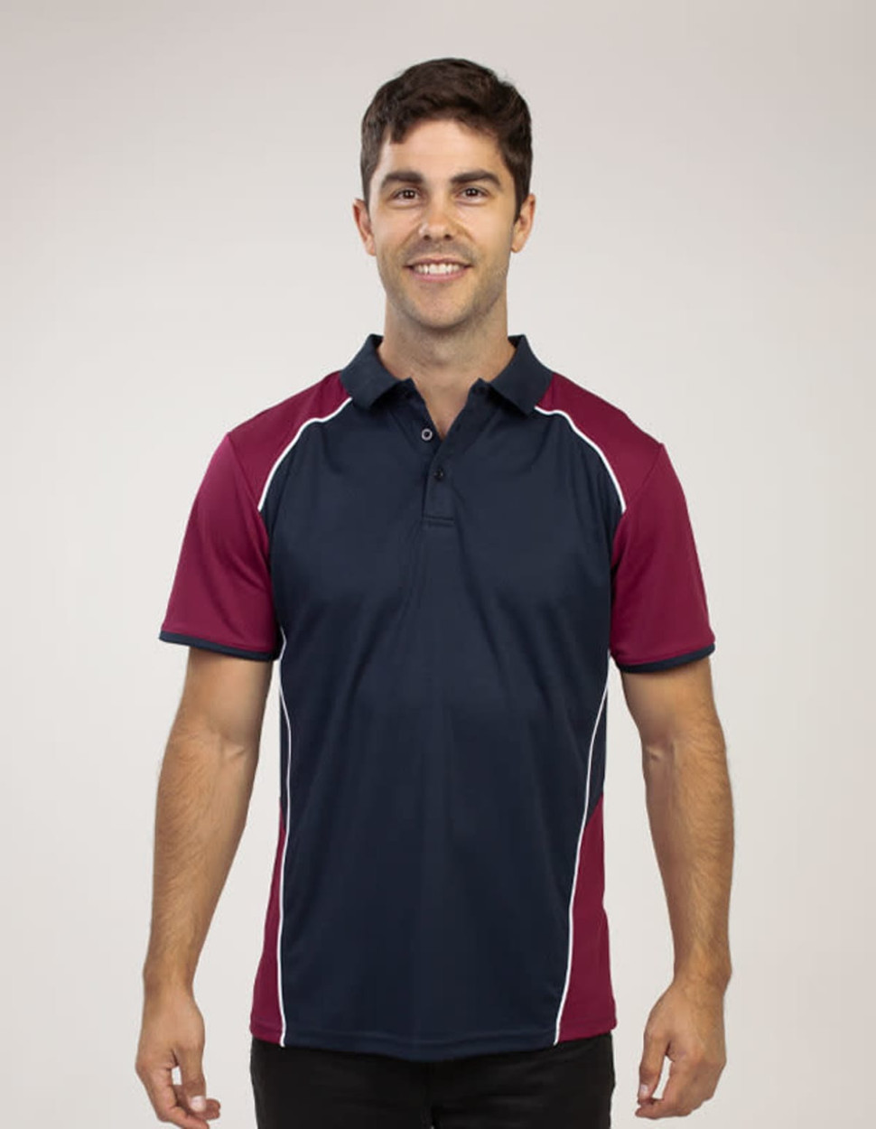 A navy and maroon polo shirt with white detailing, featuring a collar and a logo.