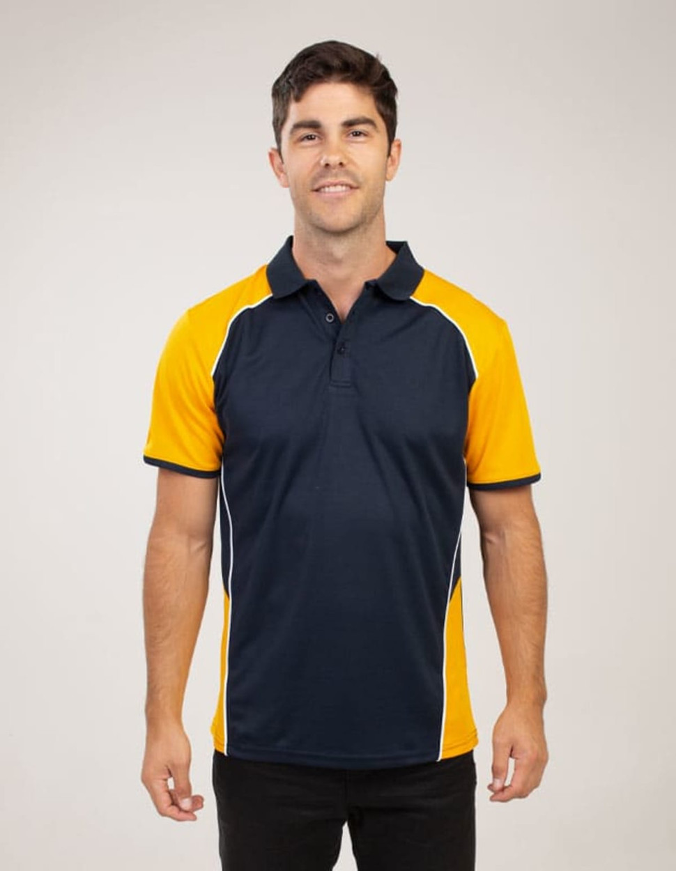 A polo shirt featuring a navy blue body with bright yellow sleeves and white piping, complete with a logo.