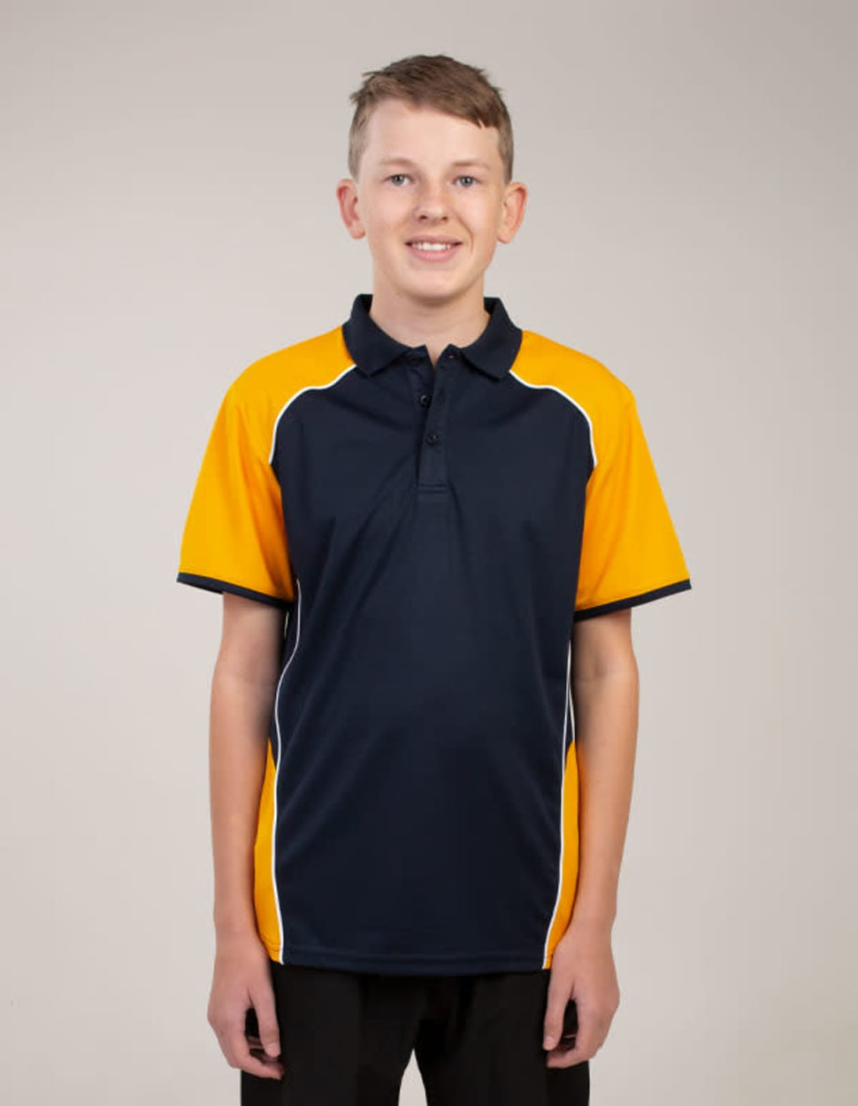 A polo shirt featuring navy blue and orange colours with a logo. Suitable for casual or sporty wear.