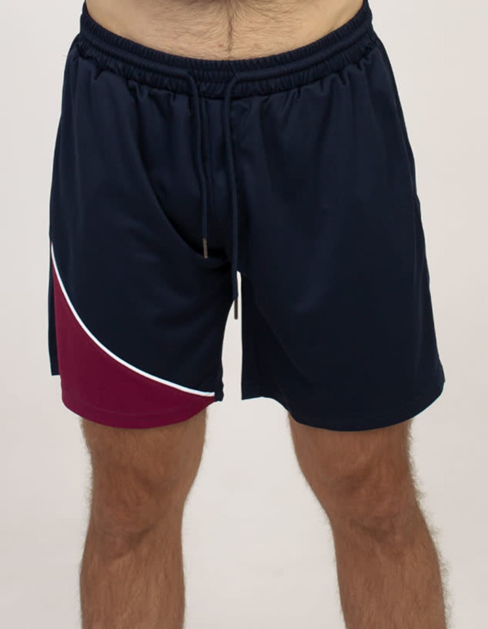 Sports shorts in navy blue with a maroon panel and white detailing. Features an elastic waistband and a drawstring.