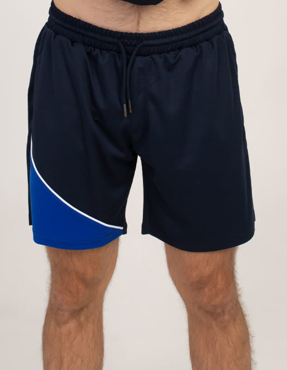 Navy sports shorts with a blue and white accent, featuring an elastic waistband and drawstring. Includes a logo.