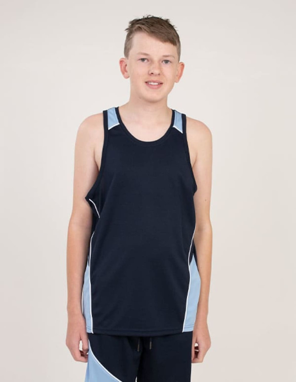 A sleeveless sports singlet in navy blue with light blue accents, featuring a logo.