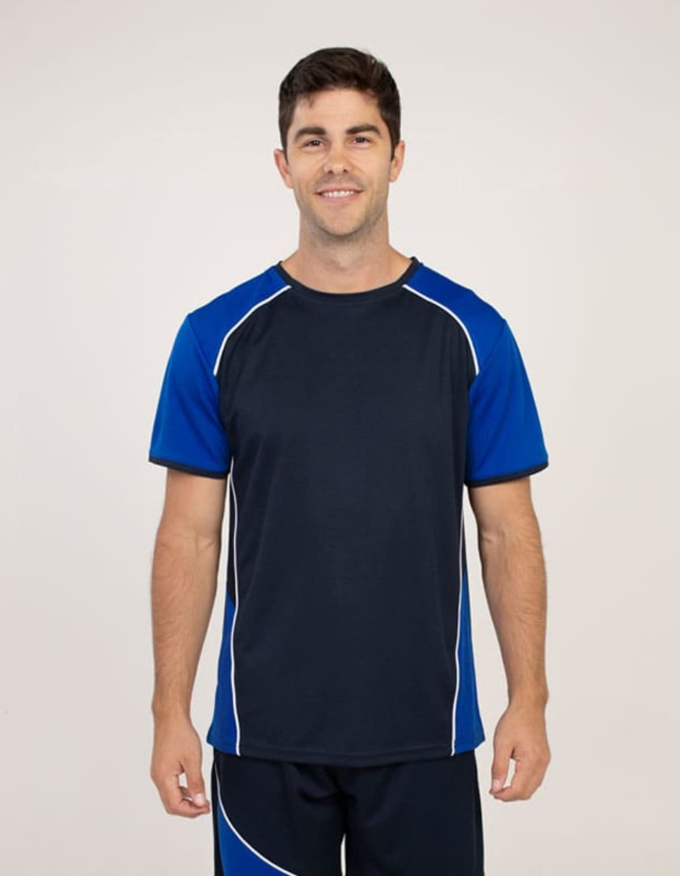 A unisex T-shirt in navy blue with blue accents and white piping, featuring a logo on the front.
