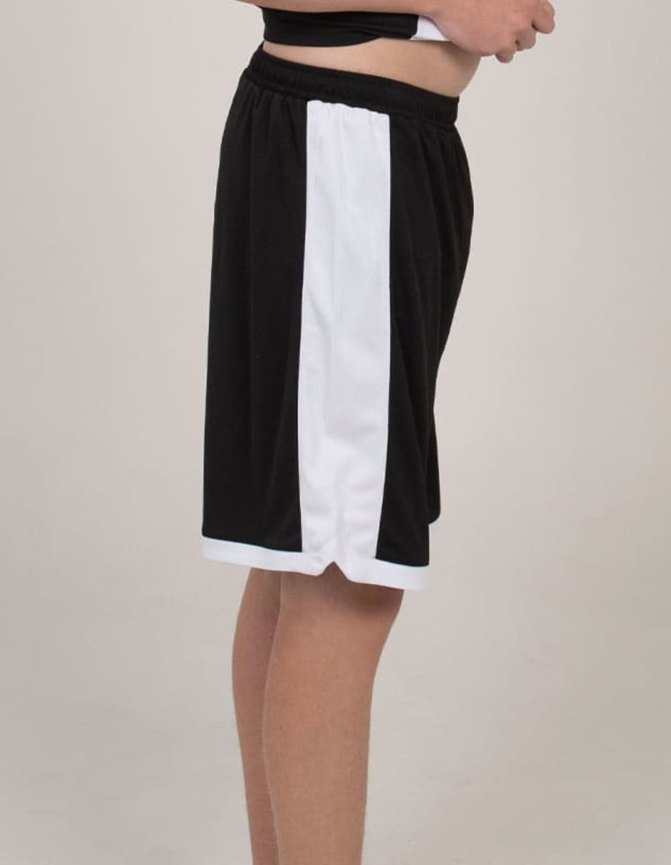 Black sports shorts featuring a white stripe on the side and an elastic waistband. Includes a logo.