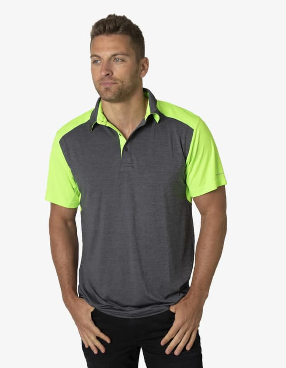 A polo shirt featuring a grey body and bright green sleeves, with a logo on the front.