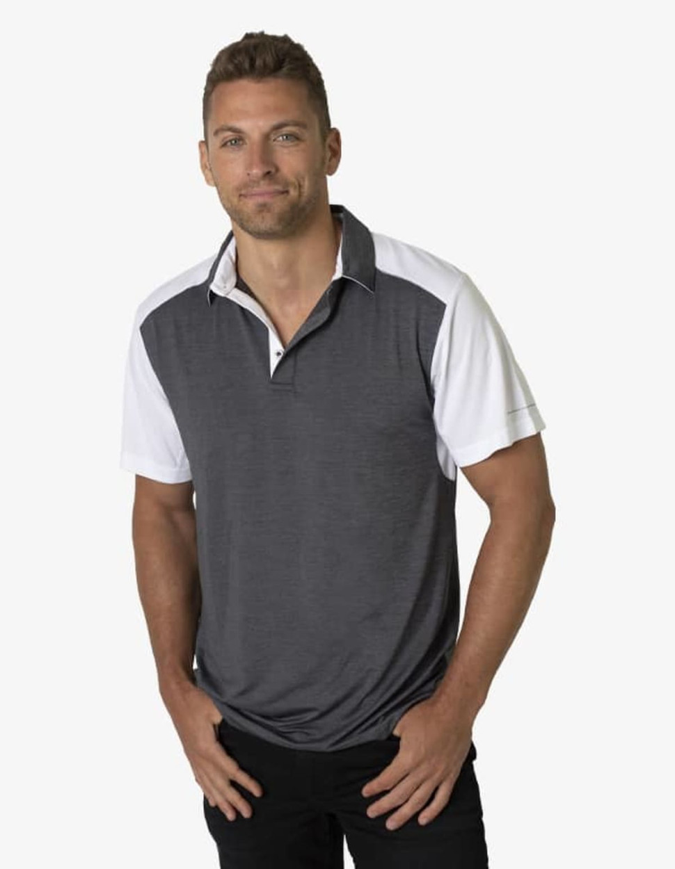 A polo shirt featuring a grey body and white sleeves, with a branding logo on the chest.