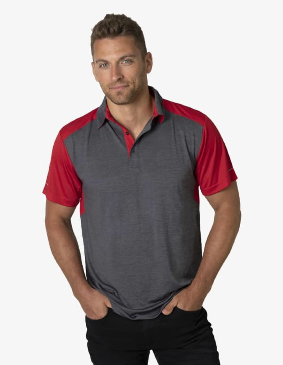 A polo shirt in grey and red, featuring a logo on the chest, modelled by a man standing with a confident pose.