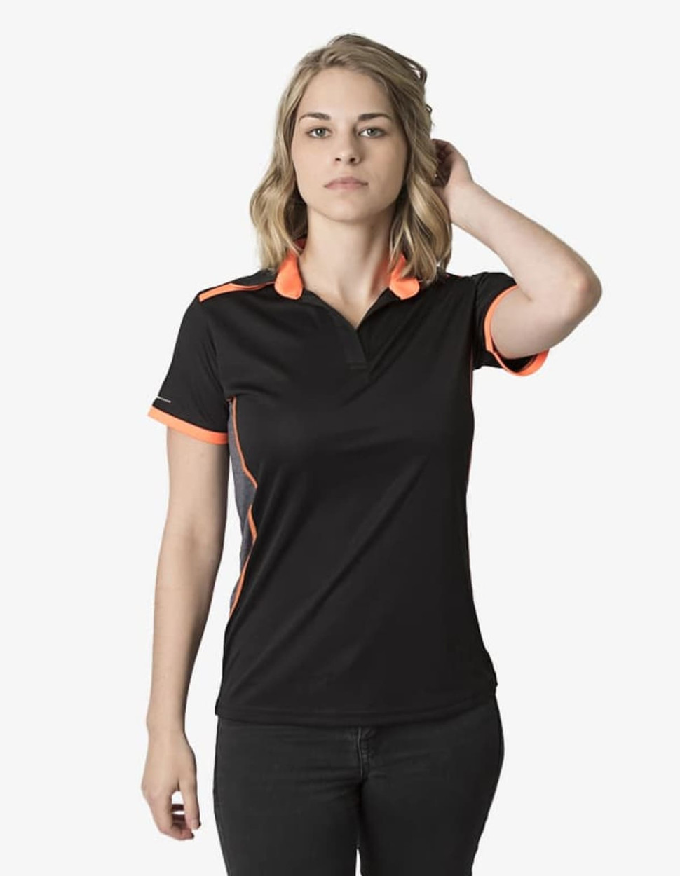 A black polo shirt featuring orange accents and a logo, designed for casual or active wear.