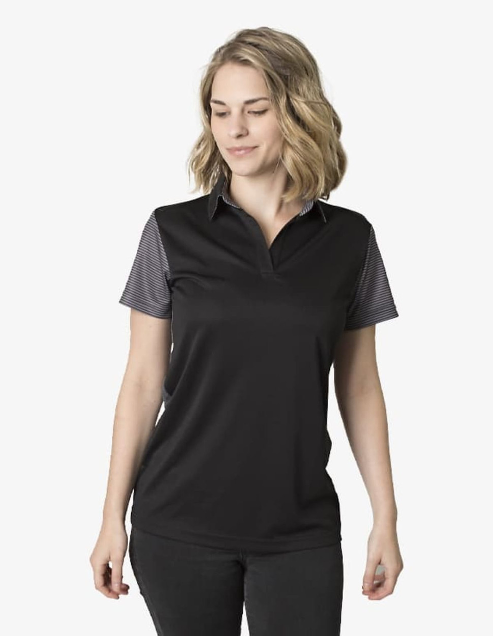 A black polo shirt with striped black and white sleeves, featuring a collar and a logo.