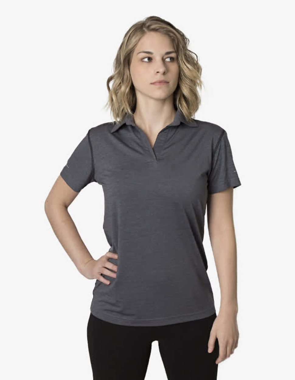 A grey polo shirt for women with a collar, featuring a logo. The fabric has a smooth finish and a fitted design.