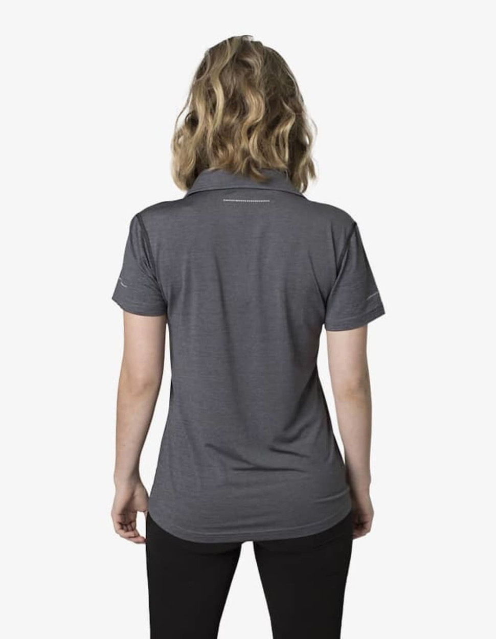 A grey polo shirt with a short collar, featuring a subtle logo on the back.