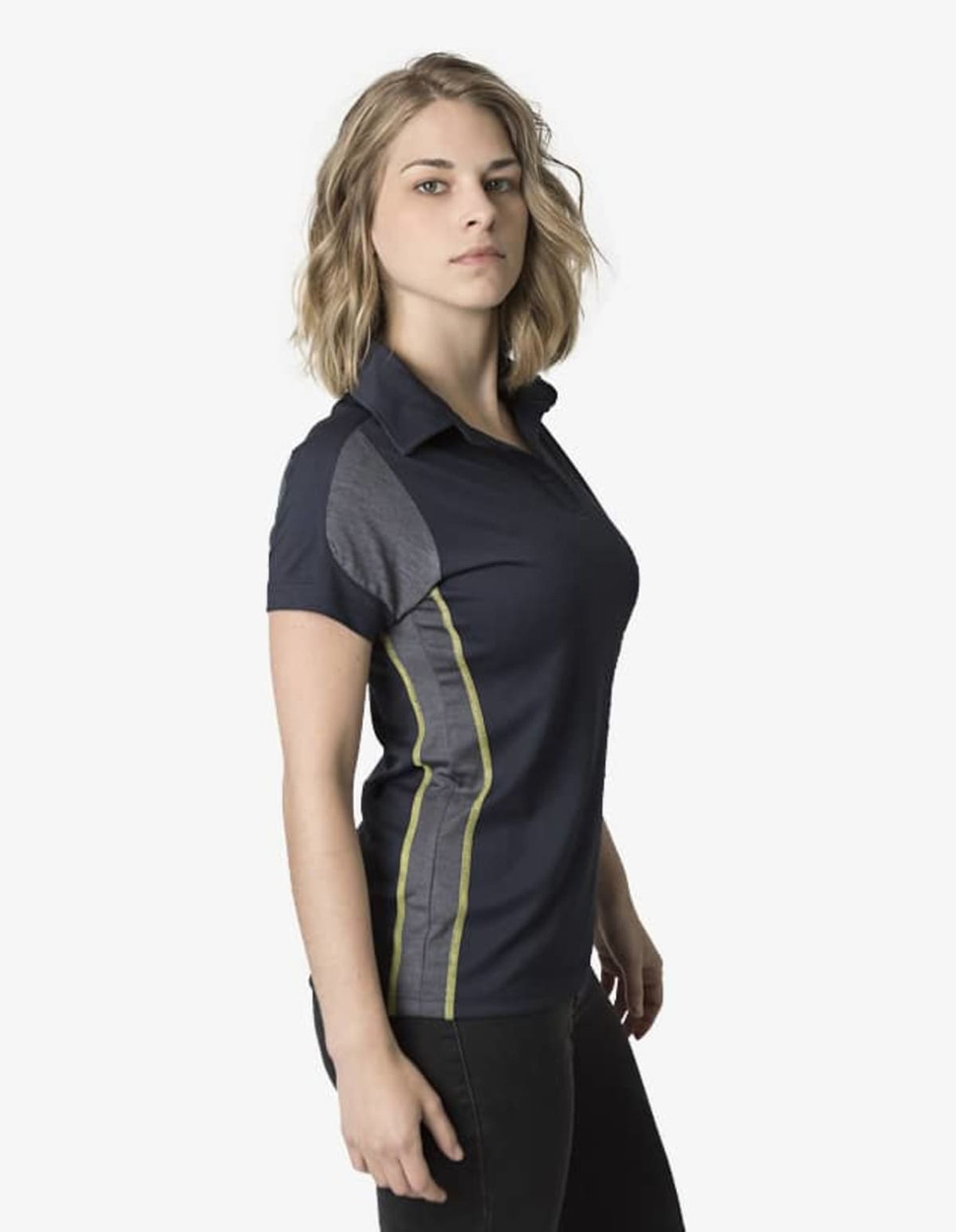A navy blue polo shirt with grey accents and a subtle logo. Short sleeves and a fitted design.