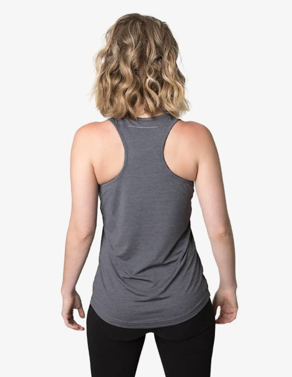 A grey singlet shirt featuring a fitted design and a logo on the back.