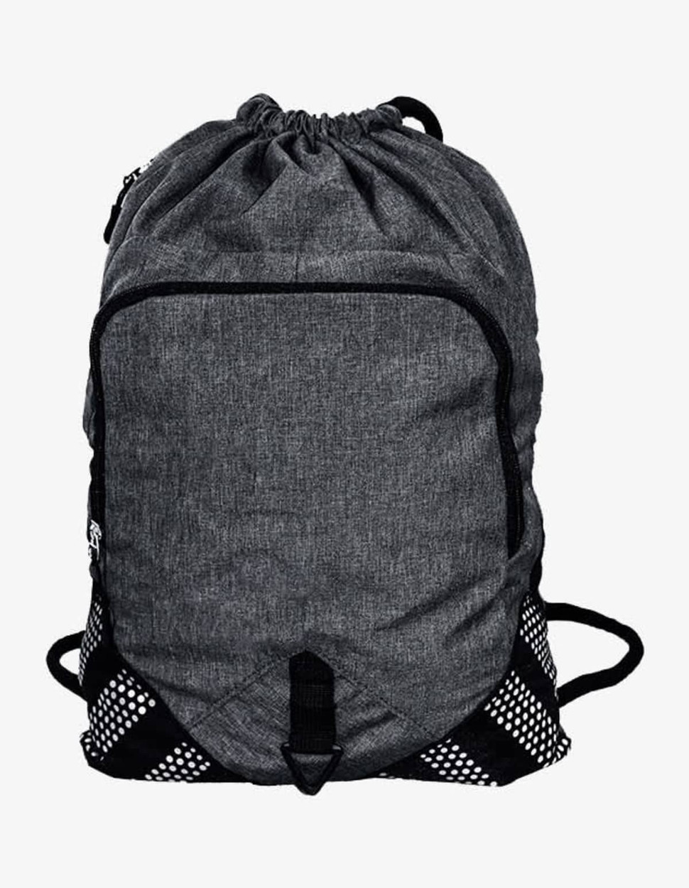 A drawstring backpack in grey fabric with black mesh side pockets and a branding logo.