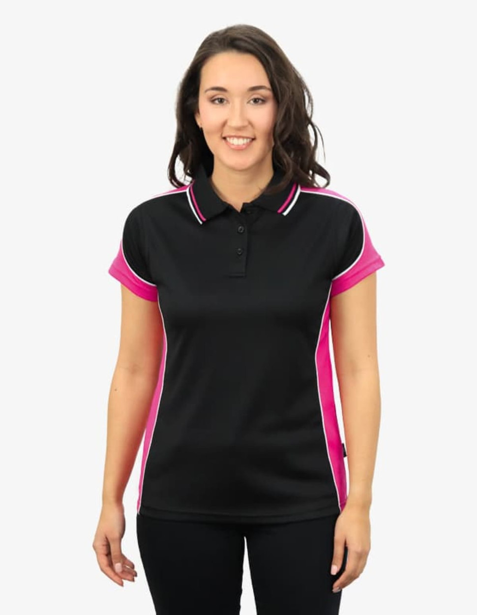 A black polo shirt with pink accents and a logo, featuring a collared neck and short sleeves.
