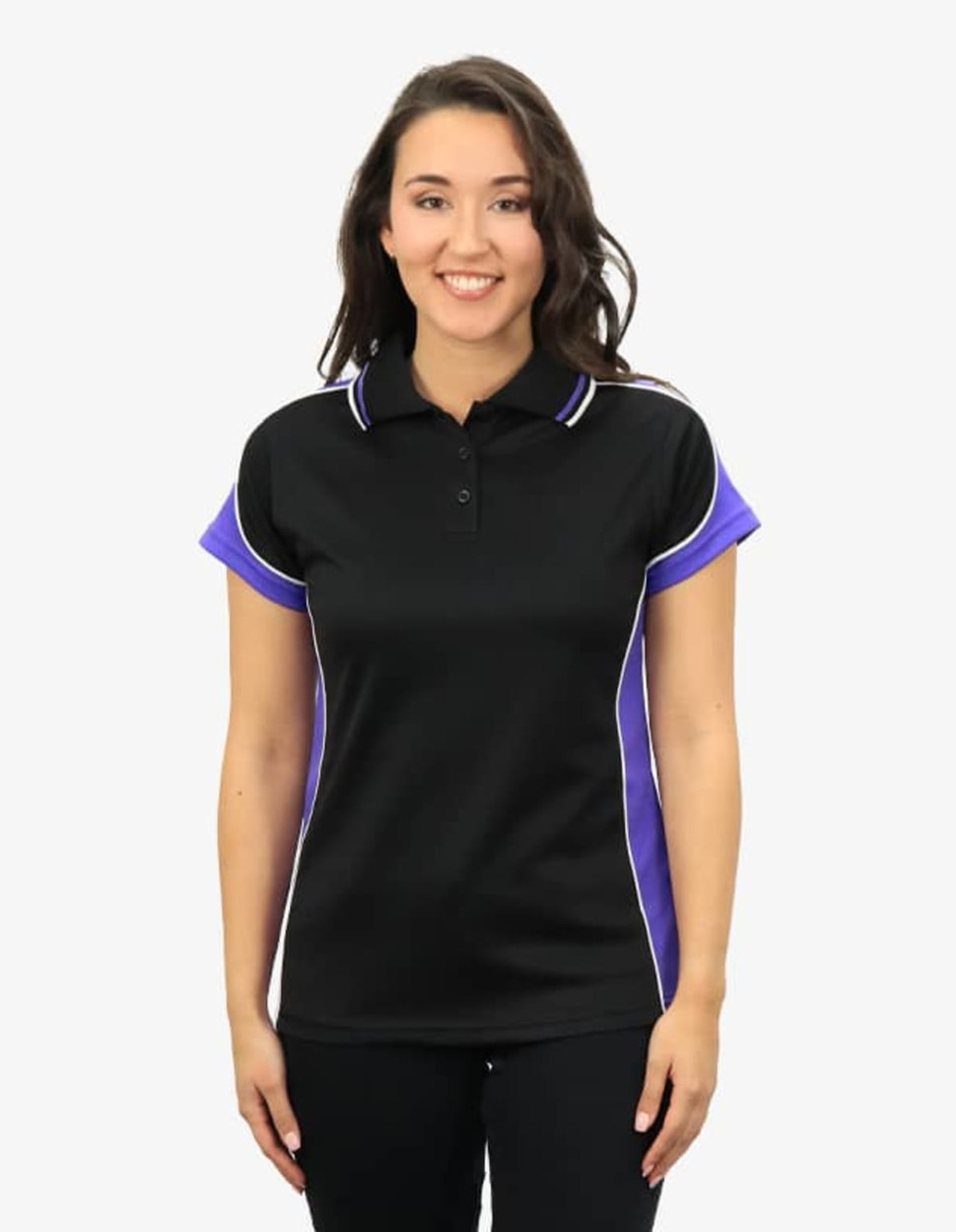 A black and purple women's polo shirt with short sleeves and a branding logo on the front.