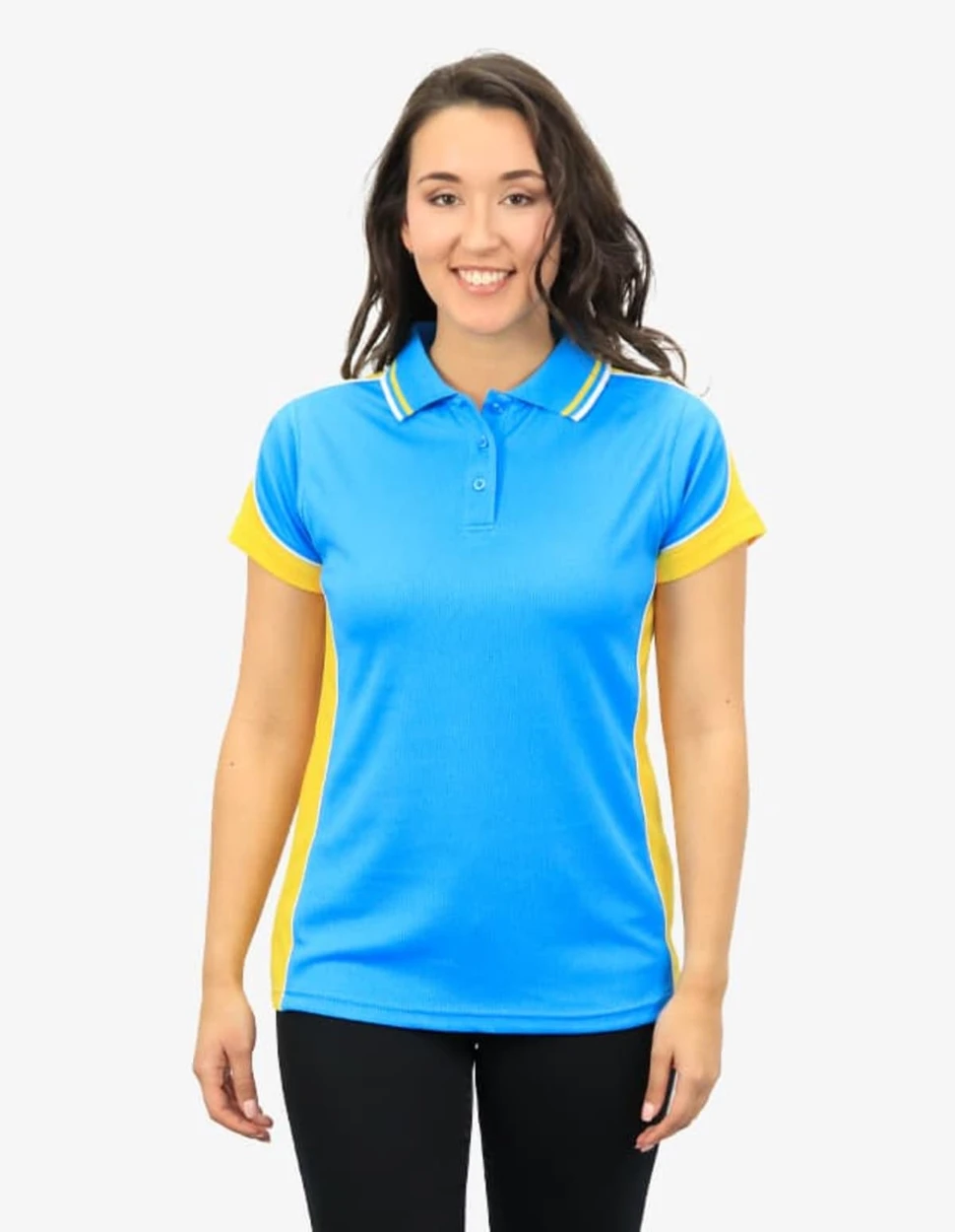 A blue and yellow polo shirt with short sleeves and a collar, featuring a branding logo.