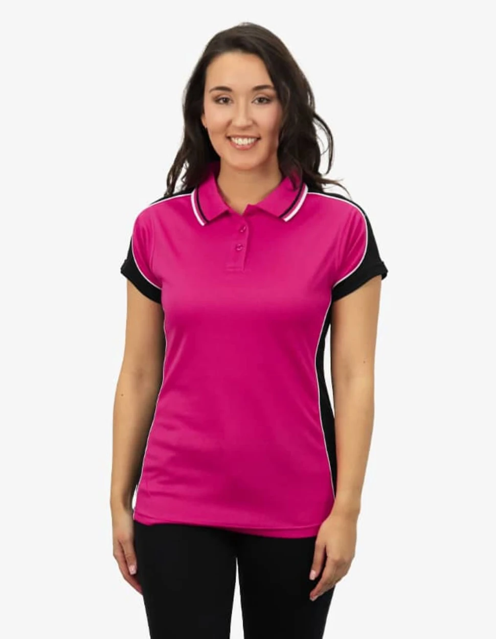 A pink polo shirt with black accents and a logo displayed on the front.