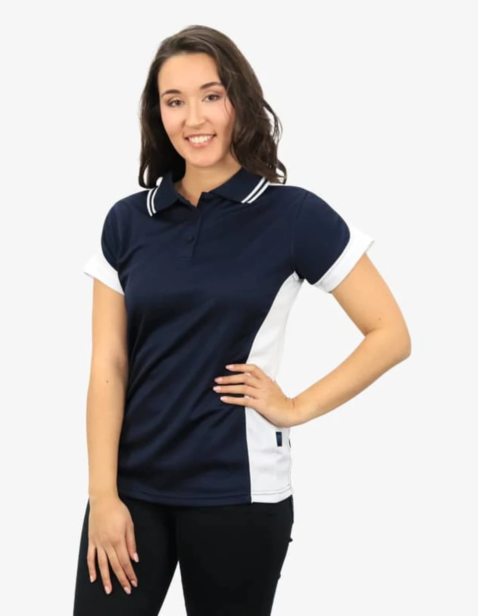 A navy blue polo shirt with white accents, featuring a logo and a collared neckline.