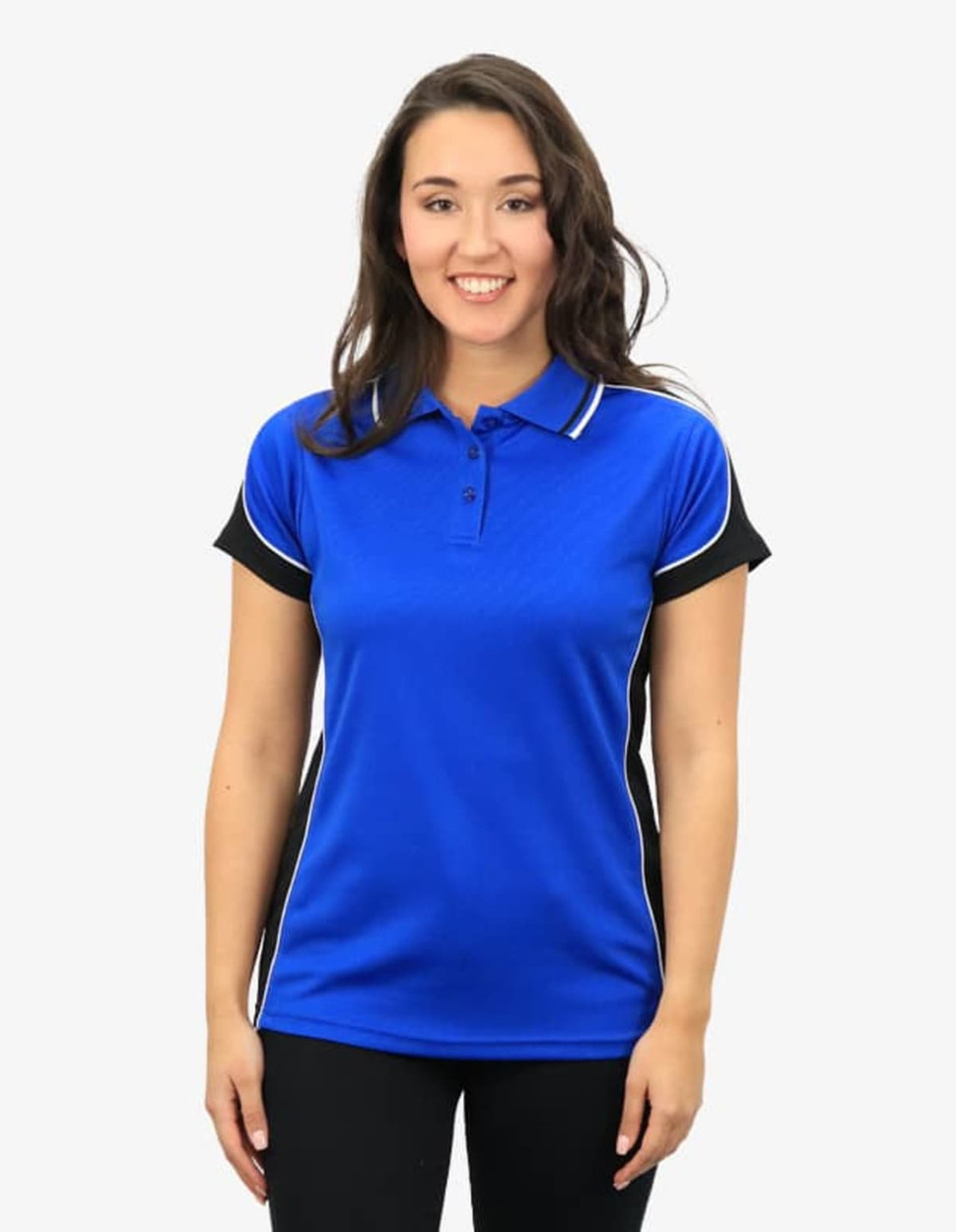 A blue polo shirt with black accents, featuring a collar and a logo. Model wearing the shirt stands smiling.