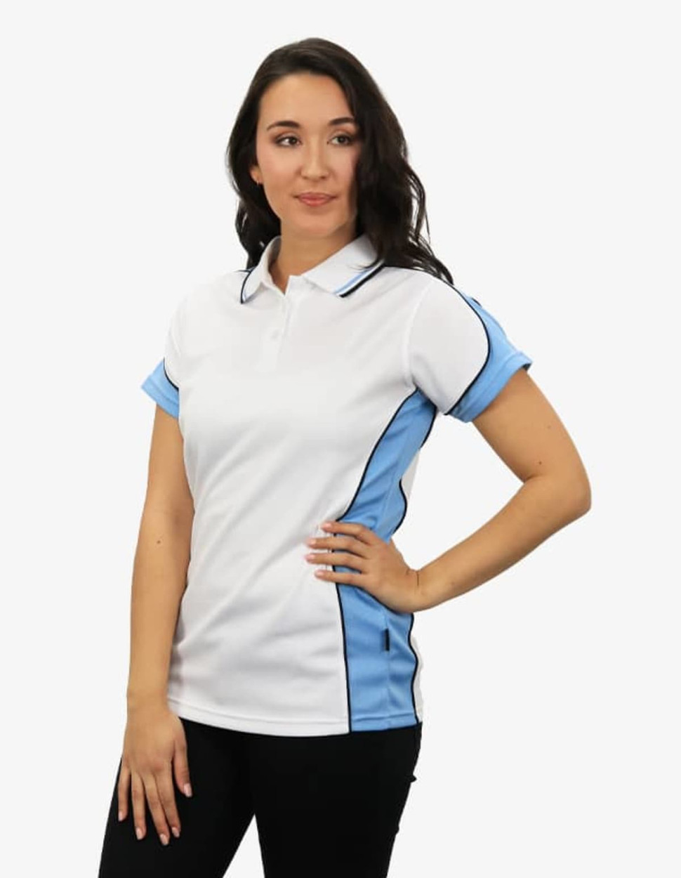 A polo shirt in white with light blue side panels and black detailing, featuring a branding logo.