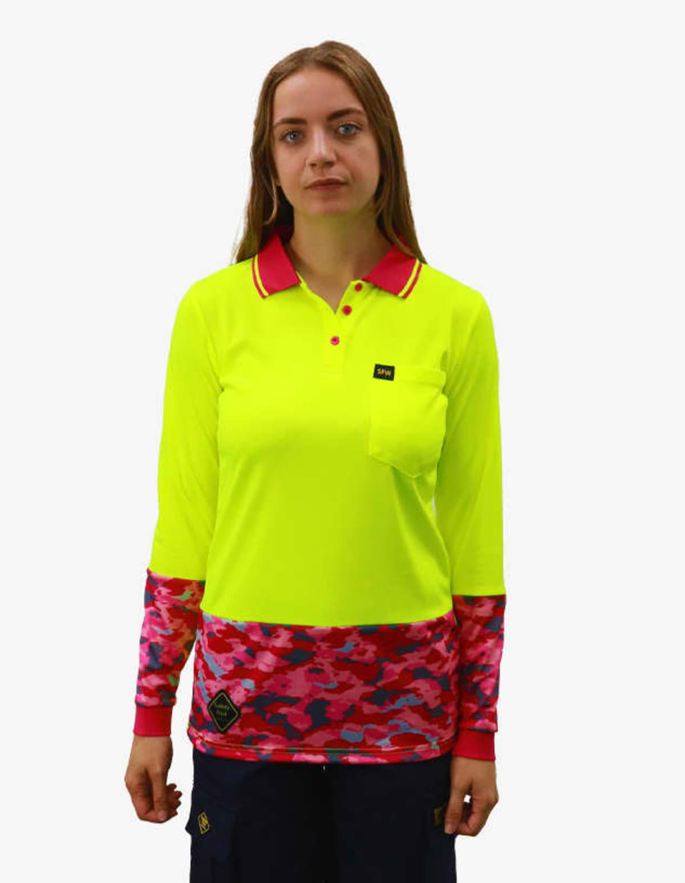 A bright yellow polo shirt with long sleeves, featuring a pink camouflage pattern on the lower half and a logo.