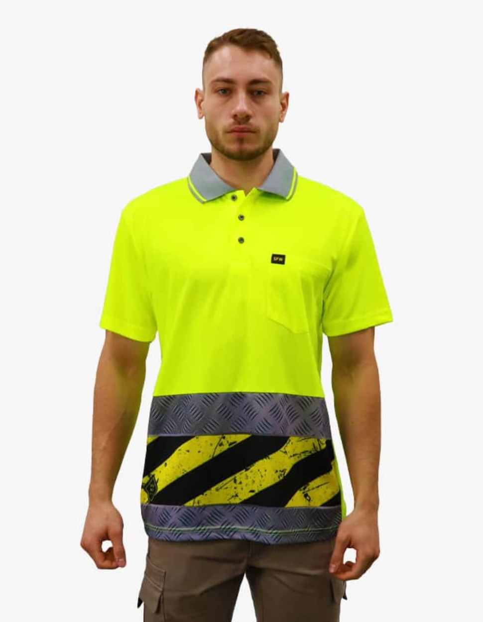 A high-visibility yellow work polo shirt with a grey collar and striped pattern at the bottom. It features a pocket and branding.