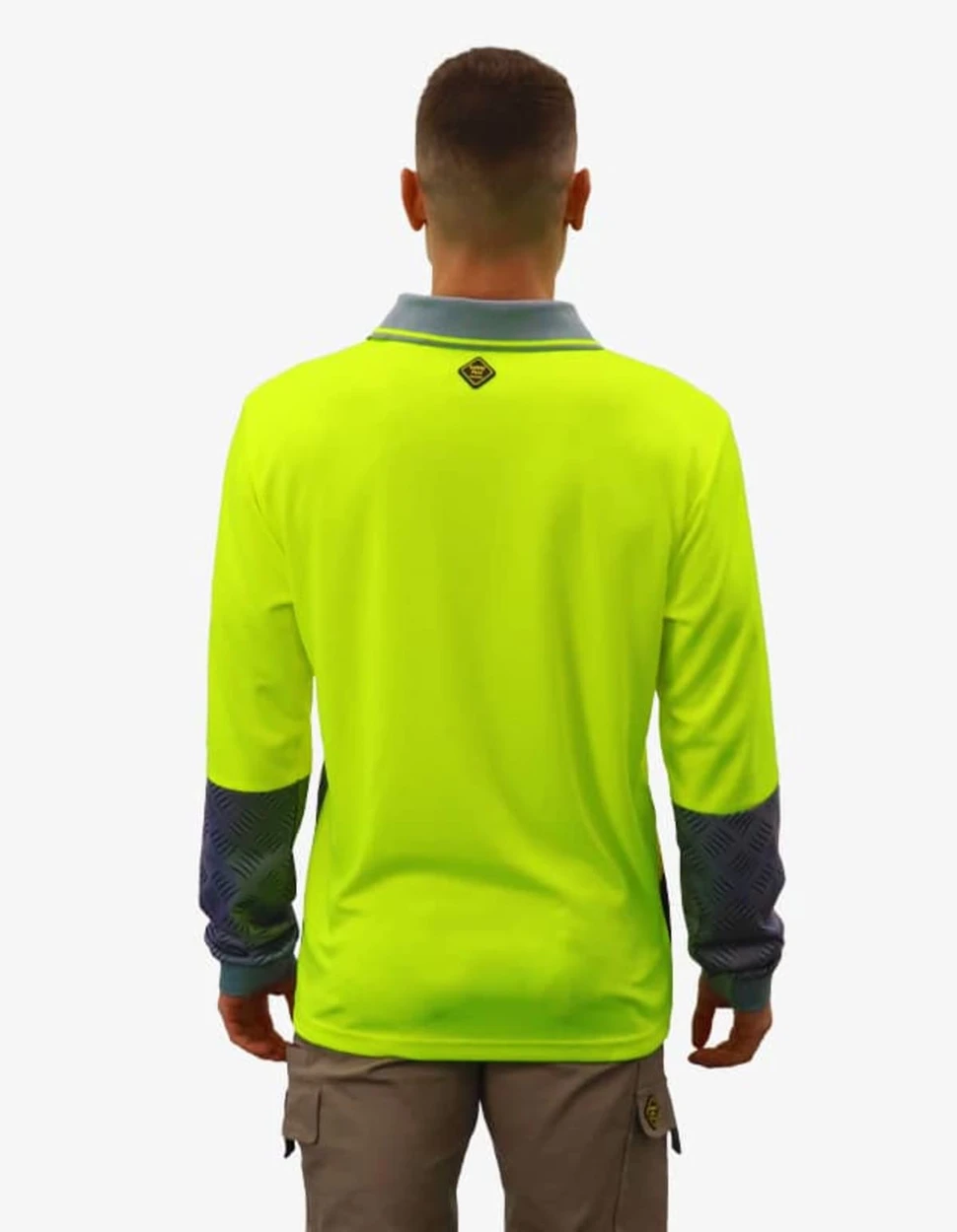 A bright high-visibility yellow work polo shirt with grey patterned sleeves and a logo on the back.