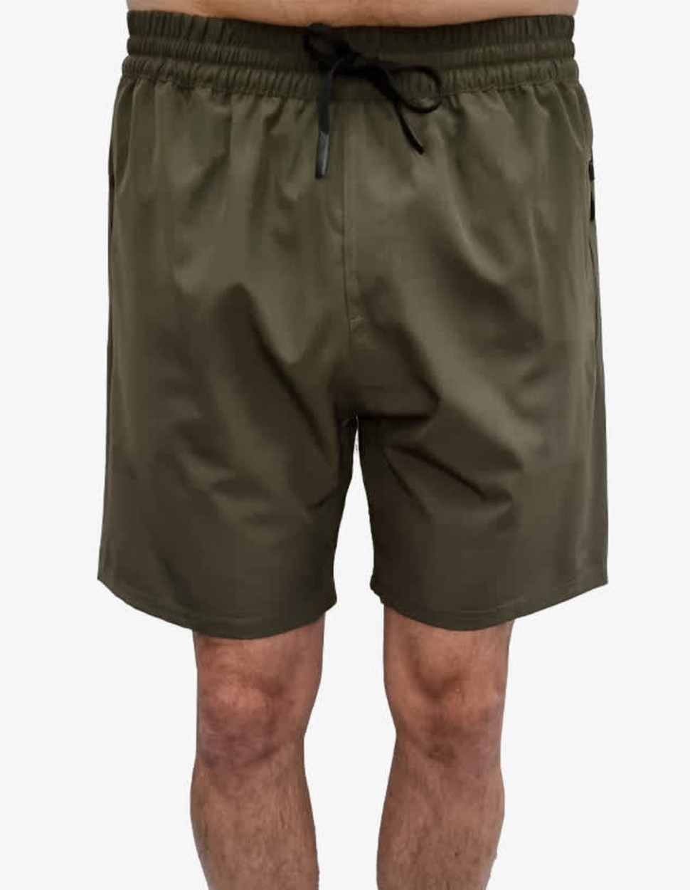 Olive green sports shorts featuring an elastic waistband and side pockets, with a logo present on the garment.