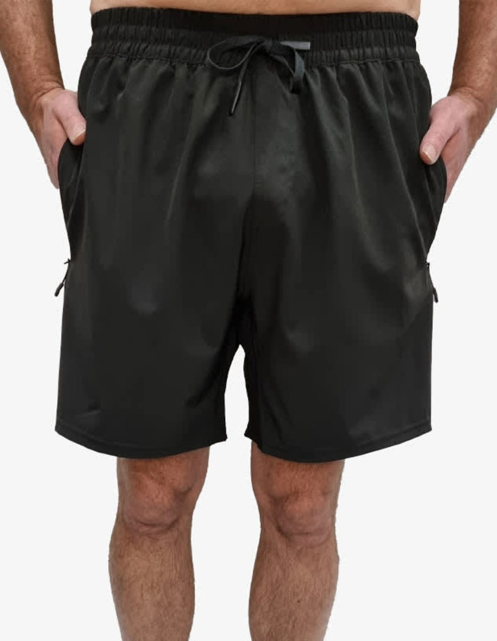 Black sports shorts with a drawstring waistband, featuring side pockets and a sleek design.