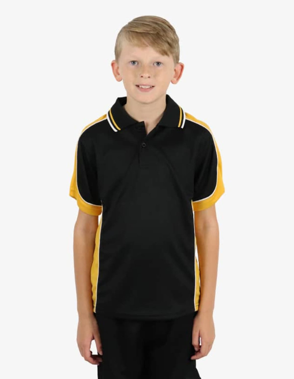 A polo shirt in black with yellow accents, featuring a collar and short sleeves. It has a logo on the front.