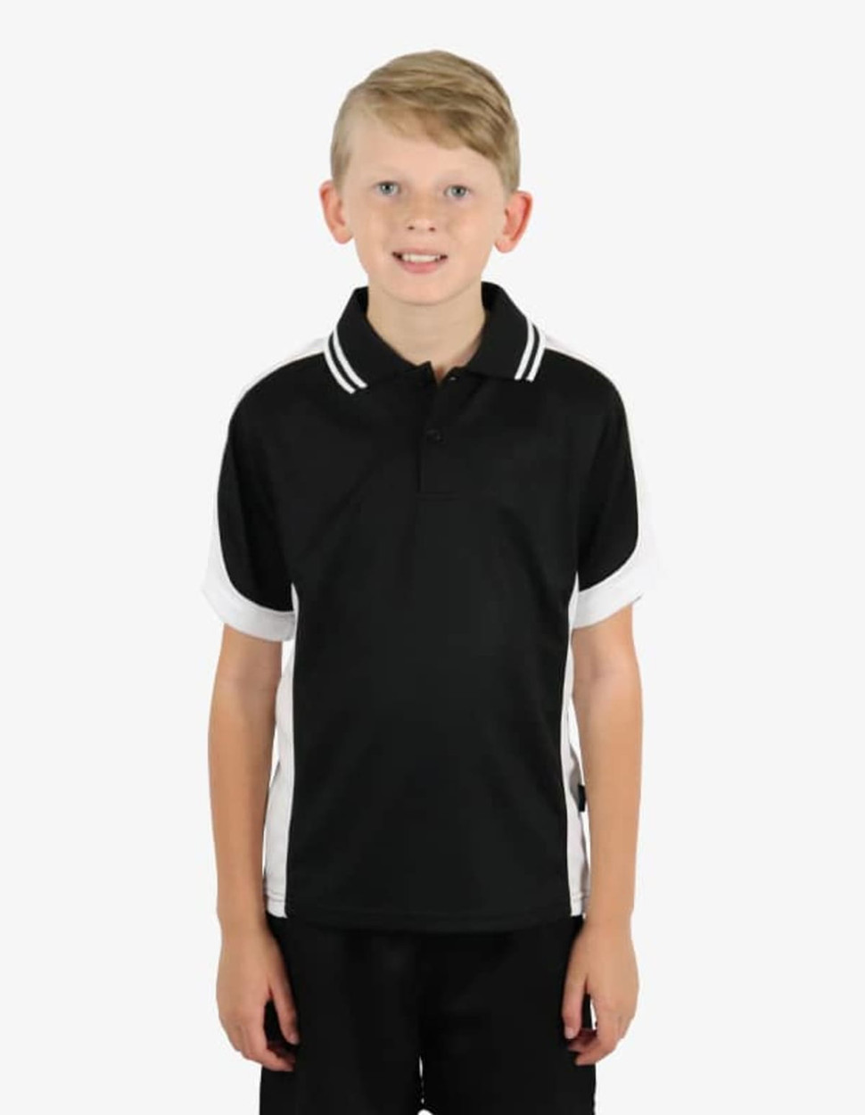 A black polo shirt with white details, featuring a collar and a logo on the chest.