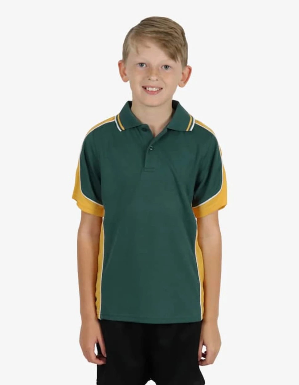A green and gold polo shirt with a logo, featuring a classic collar and short sleeves.