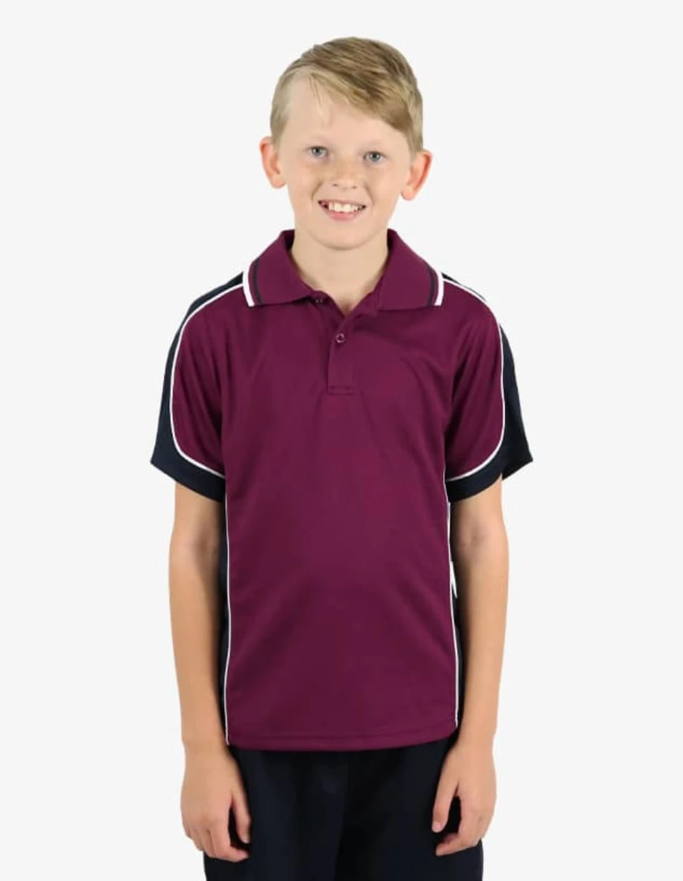 A maroon polo shirt with navy sleeves and white accents, displayed on a boy smiling. It features a branding logo.