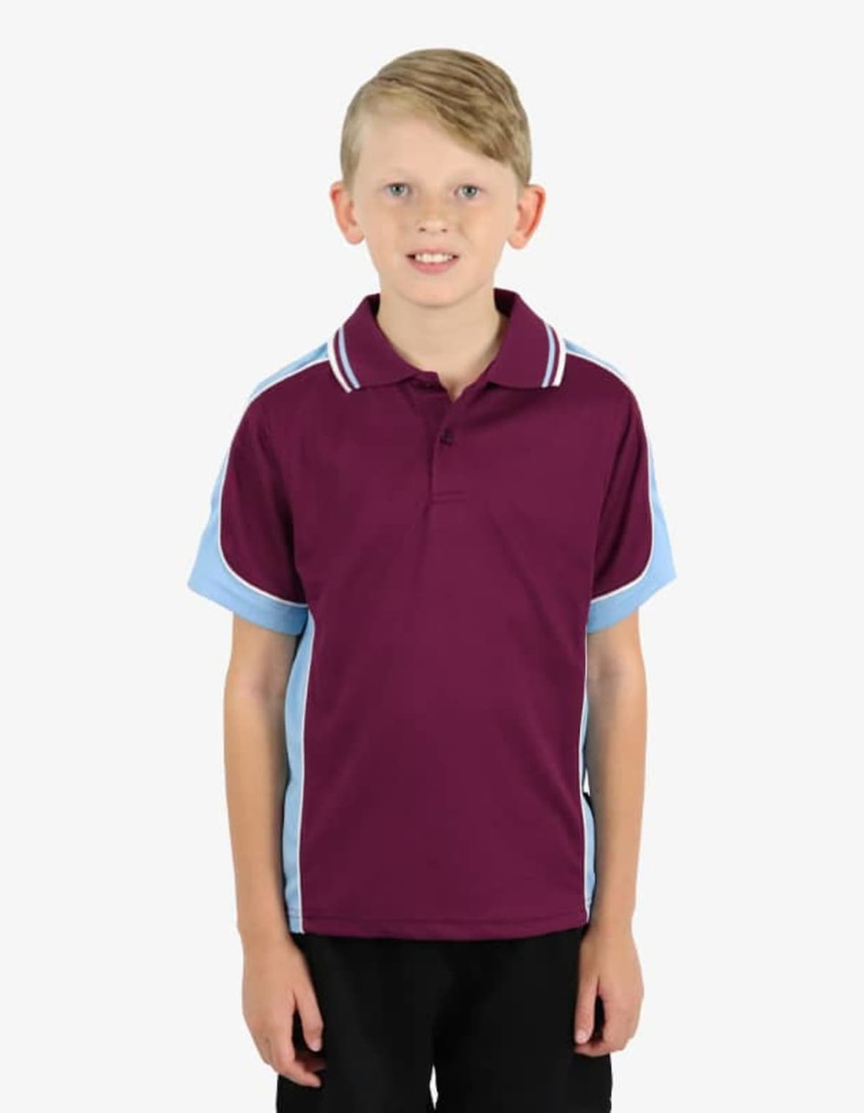 A maroon polo shirt with light blue sleeves and a collar, modelled by a smiling child.
