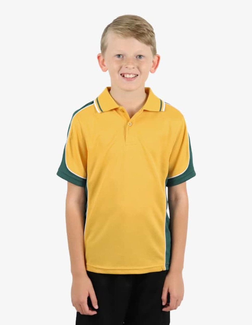 A yellow polo shirt with green sleeves and a logo, featuring a classic collar and short sleeves.