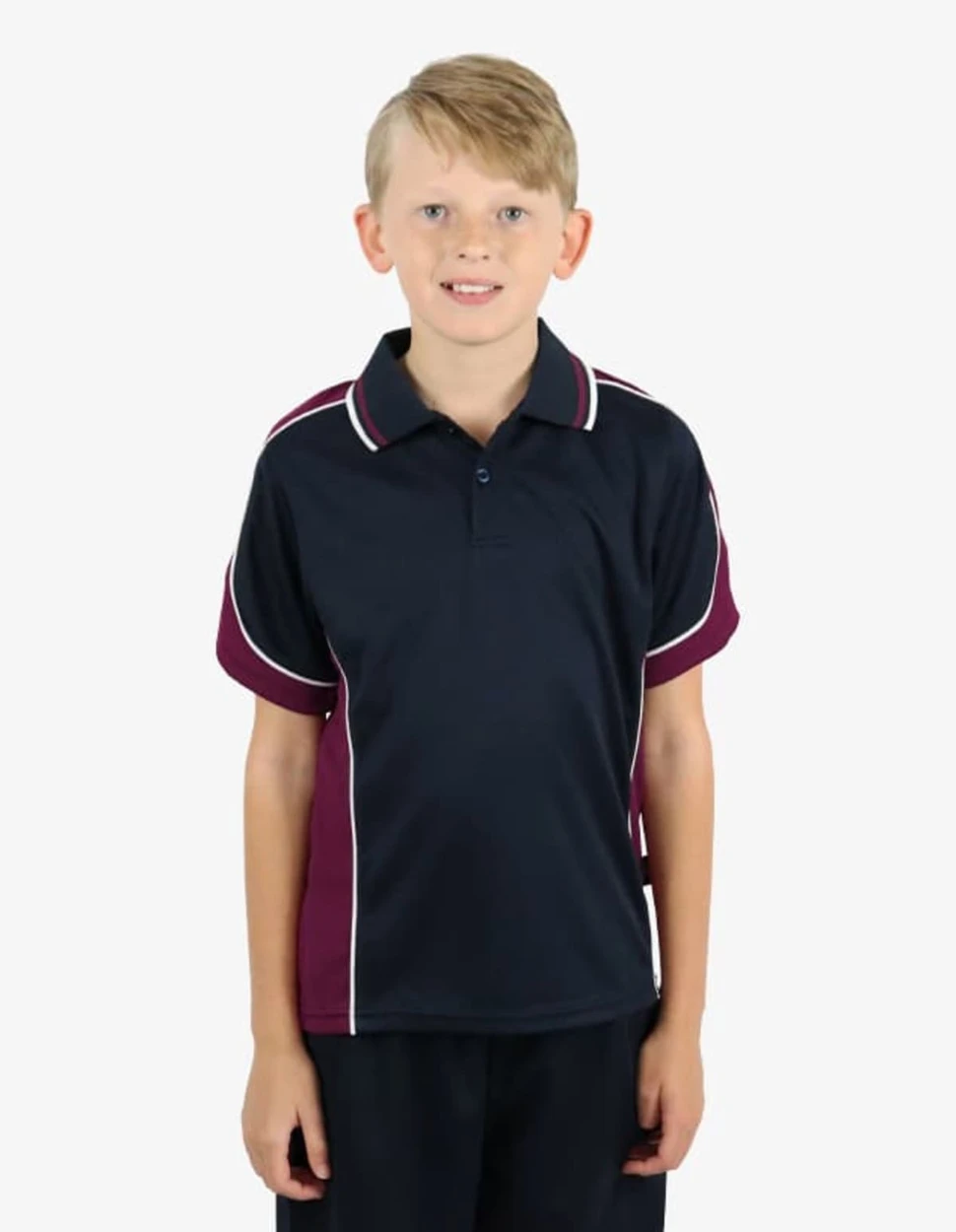 A navy and maroon polo shirt with contrasting white detailing and a logo. Ideal for casual or sportswear.