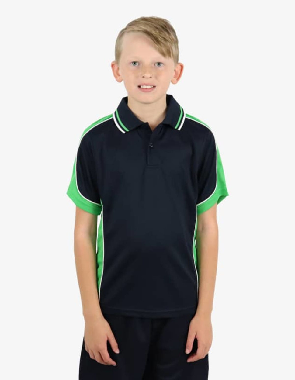 A navy blue and green polo shirt with a logo on the chest, displayed on a young model.