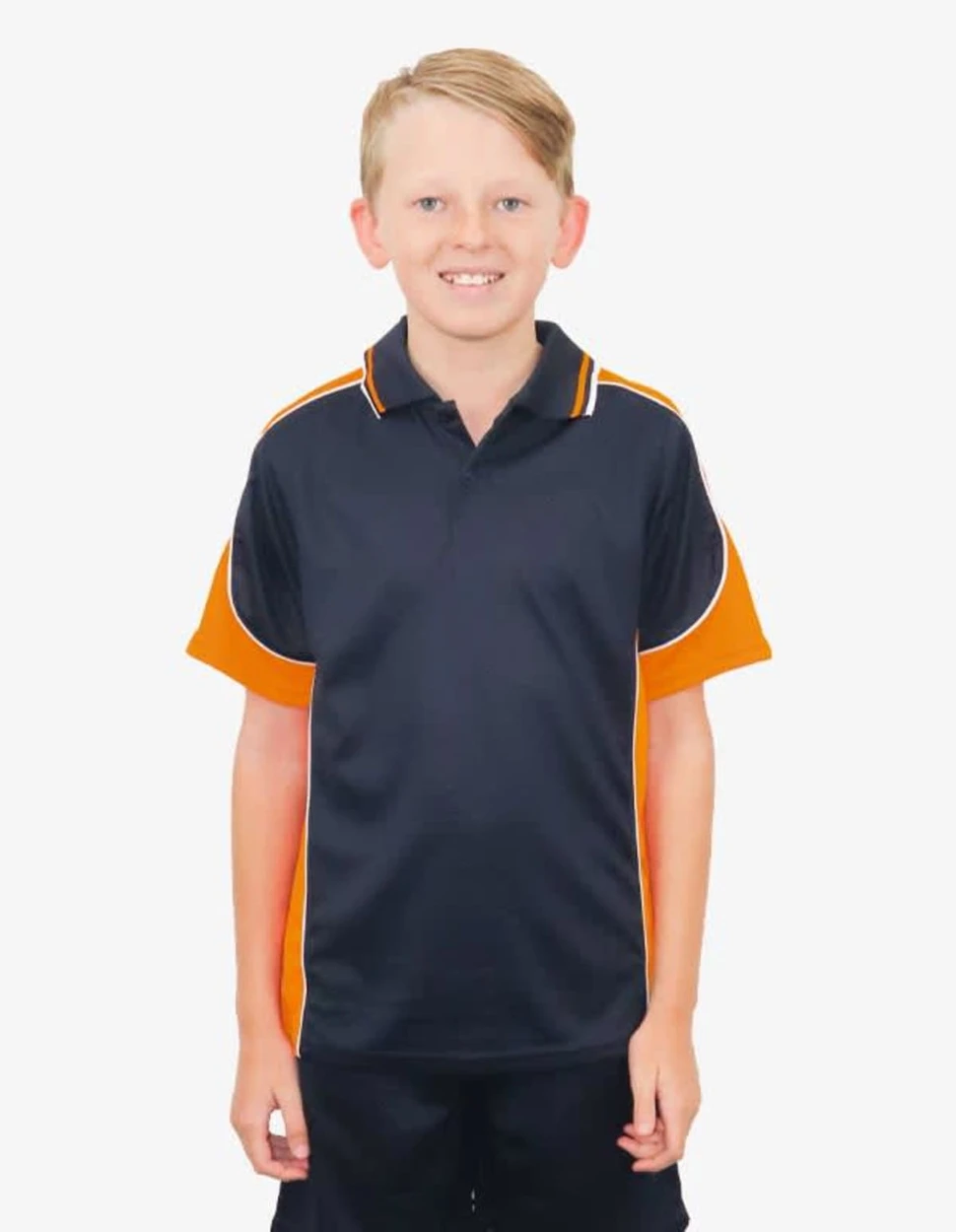 A black and orange polo shirt with short sleeves and a collar, featured on a smiling child model.
