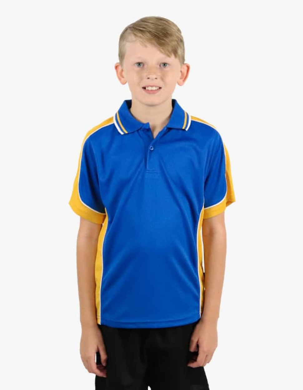 A child is wearing a blue and yellow polo shirt with a logo on it. The shirt features a collar and short sleeves.