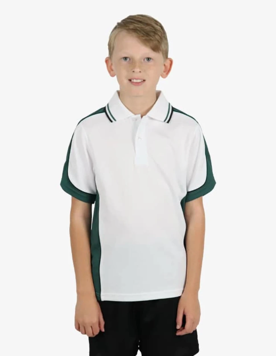 A polo shirt in white with green sleeves, featuring a collar and a logo. Suitable for casual wear.