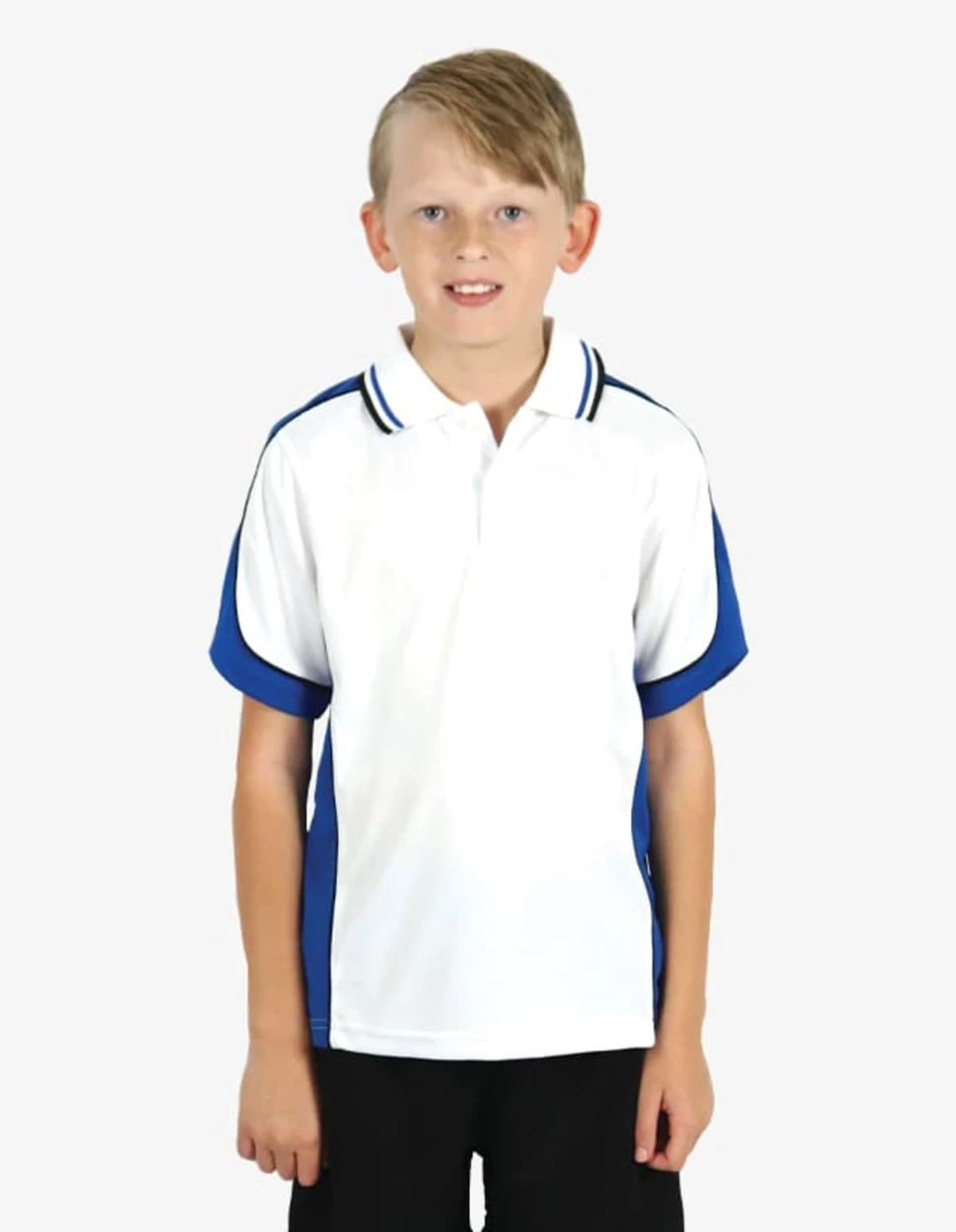 A boy wearing a white polo shirt with blue sleeves and a logo on the chest.