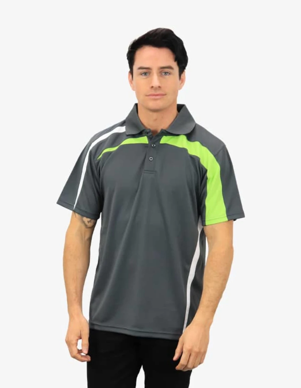 A grey polo shirt with green accents, featuring a collar and short sleeves, displayed on a model.
