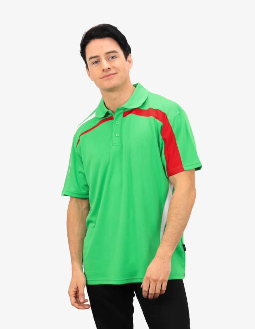 A bright green polo shirt with red and white accents, featuring a logo on the chest.